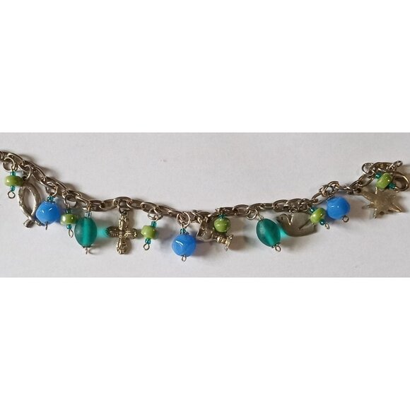 Vintage Art Glass Christian Symbols Charm Bracelet Silver Tone Chain Beads - Picture 2 of 14